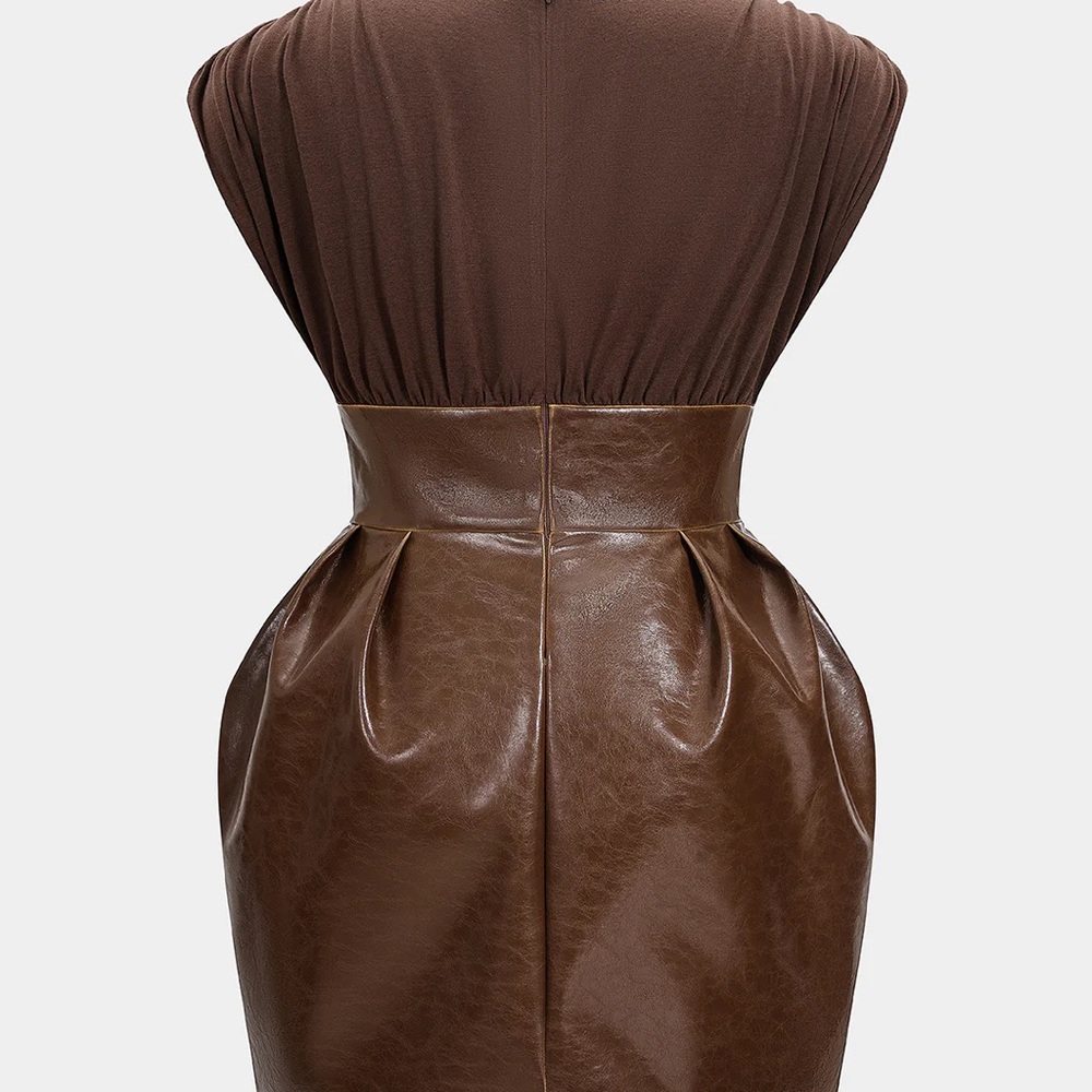 Faux Leather Patchwork V-Neck Ruched Sleeveless M… - image 3